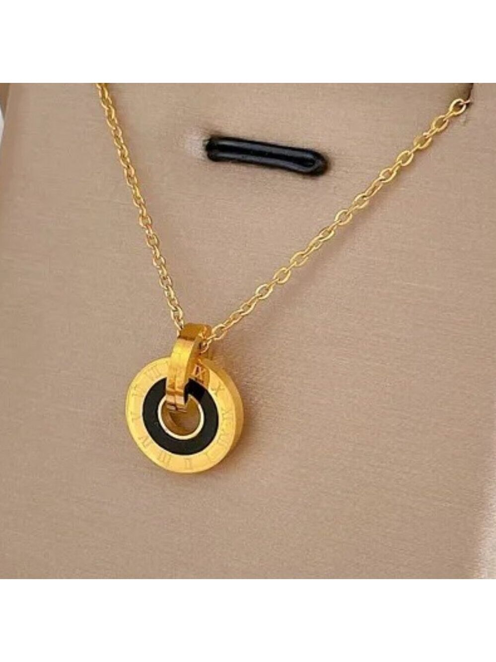 Black Circle Pendant Necklace 18k Gold Plated Stainless Steel Layering Necklace